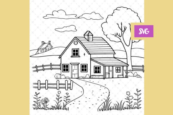 Farm Landscape Coloring Page for Graphics and Branding