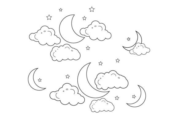 Moon Star and Clouds Line Art for Craft & Graphics Projects